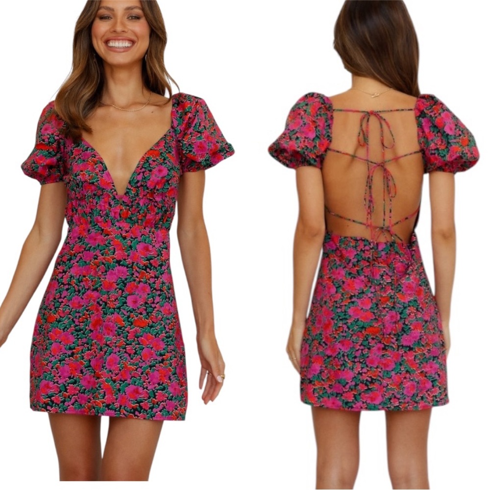NWT Hello Molly Lucky Charms Black Floral Puff Sleeve Tie Back Mini Dress - 8